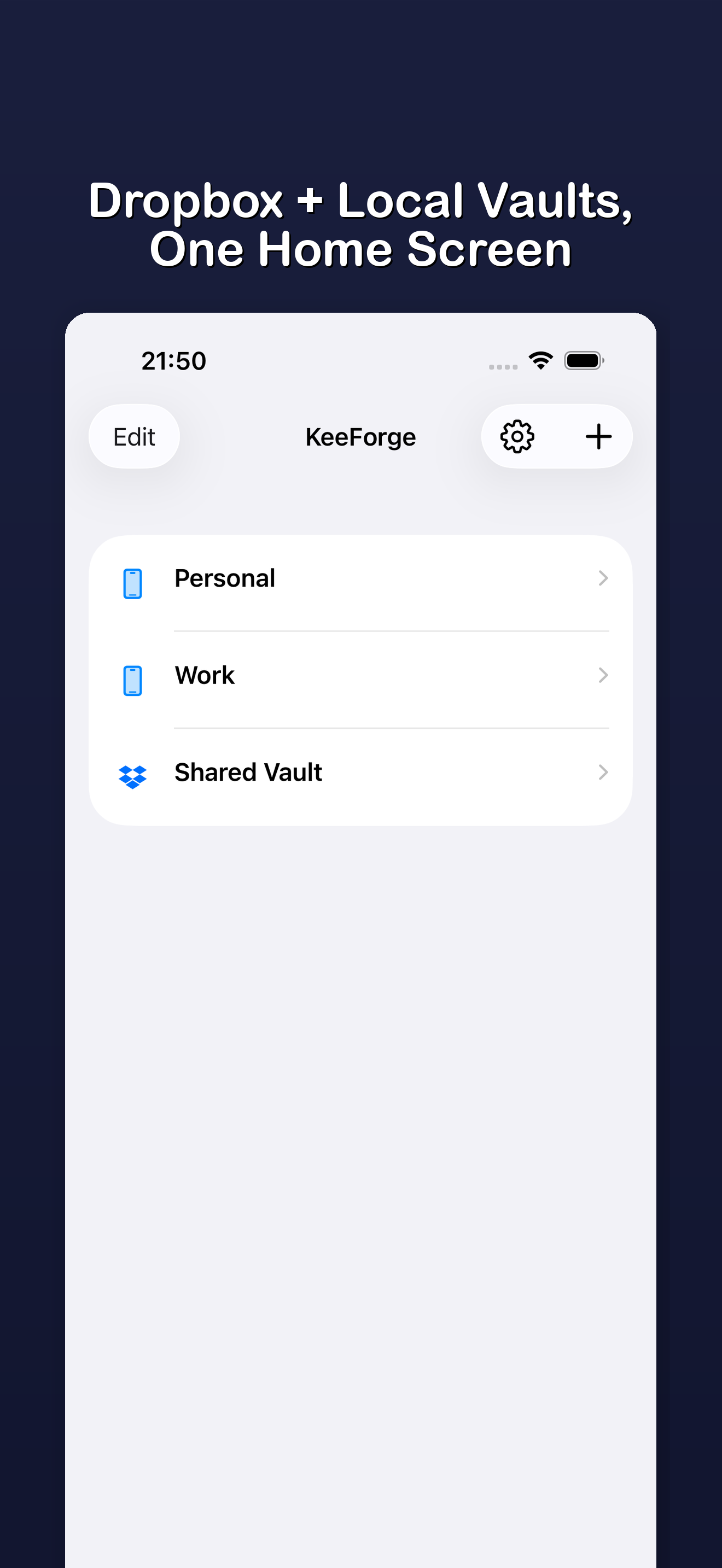 KeeForge database list showing local and Dropbox-backed vaults