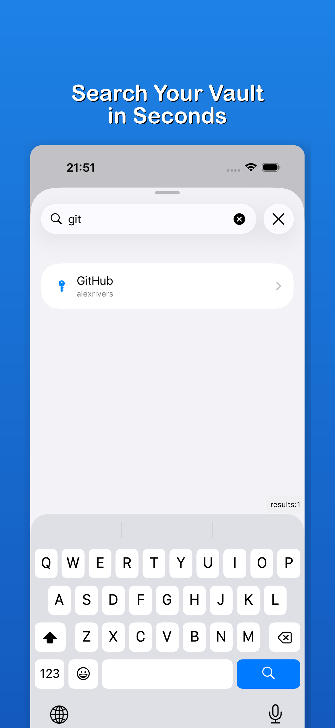 Searching the KeeForge vault — results appear instantly as you type